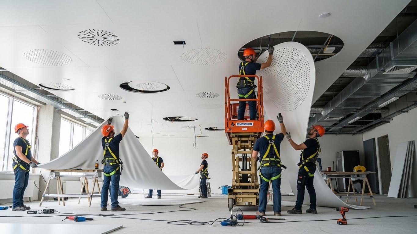 Монтаж натяжного потолка с перфорированными вставками для торговых объектов Натяжной потолок с перфорированными вставками в торговом зале