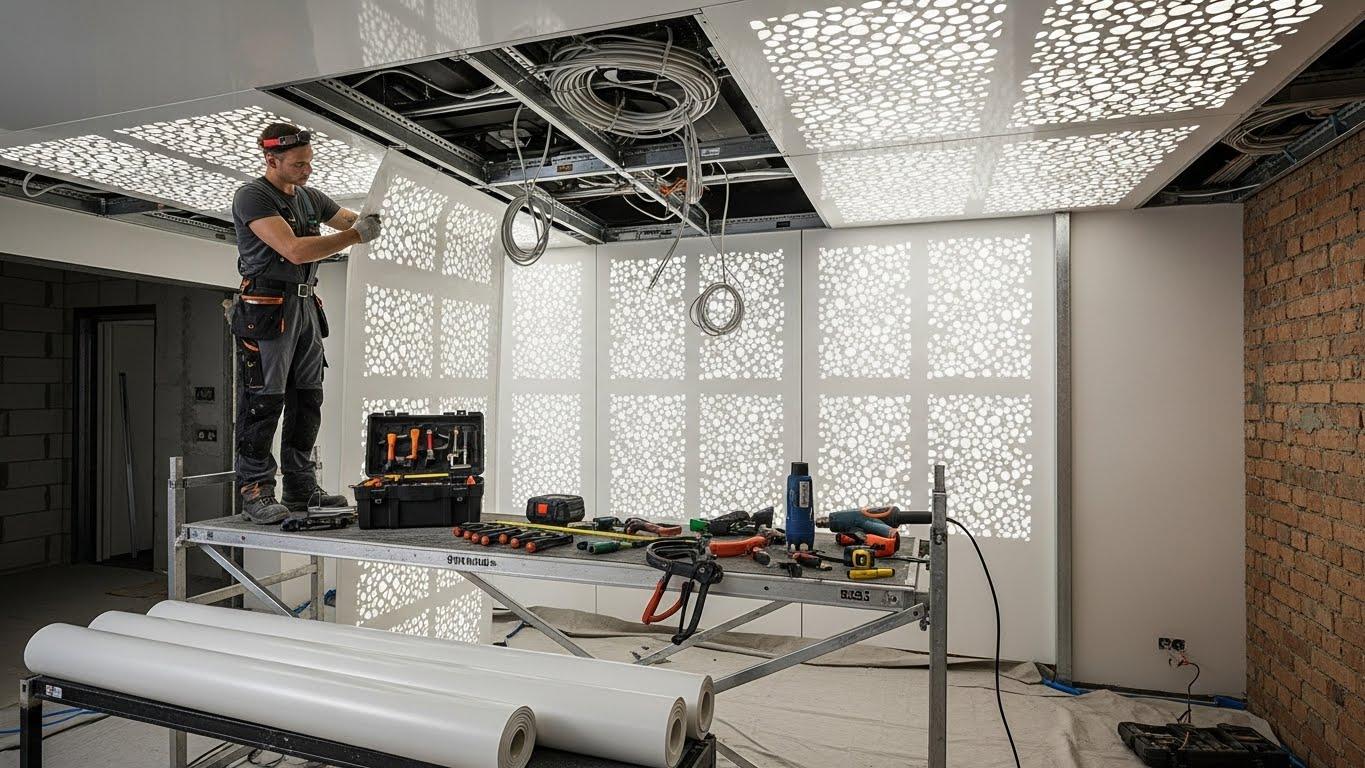 Натяжной потолок с перфорированными вставками и подсветкой