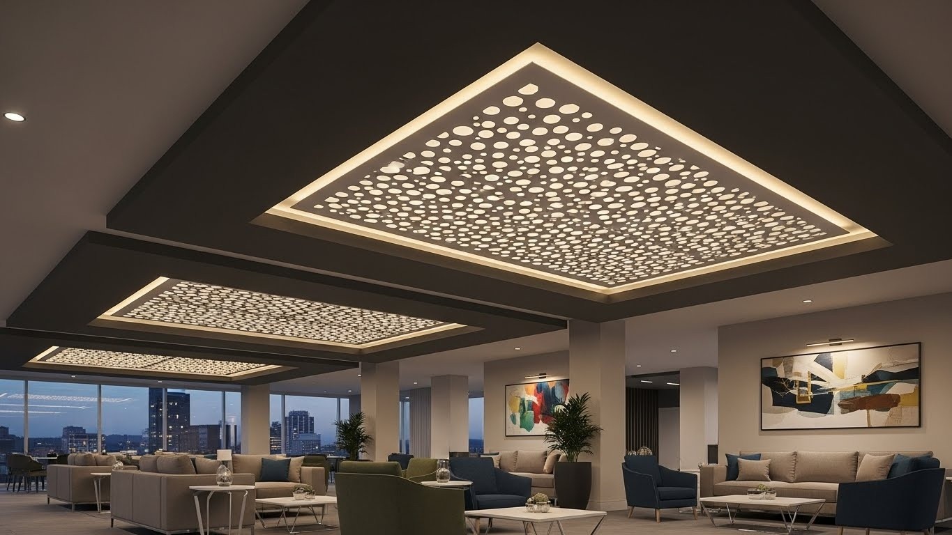 Монтаж натяжных потолков с перфорированными вставками для зон отдыха