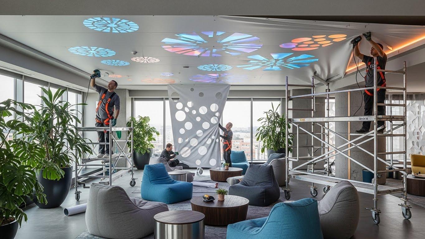 Монтаж натяжного потолка с перфорированными вставками для зон отдыха Натяжной потолок с перфорированными вставками для зон отдыха