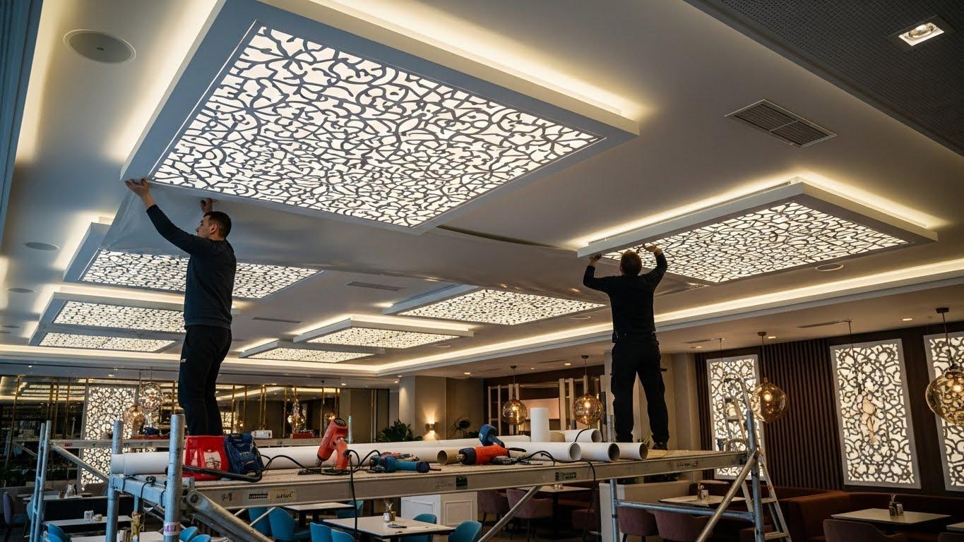 Монтаж натяжных потолков с перфорированными вставками для кафе и ресторанов
