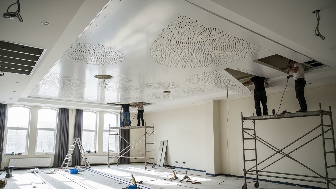 Монтаж натяжных потолков с перфорированными вставками с уникальными узорами