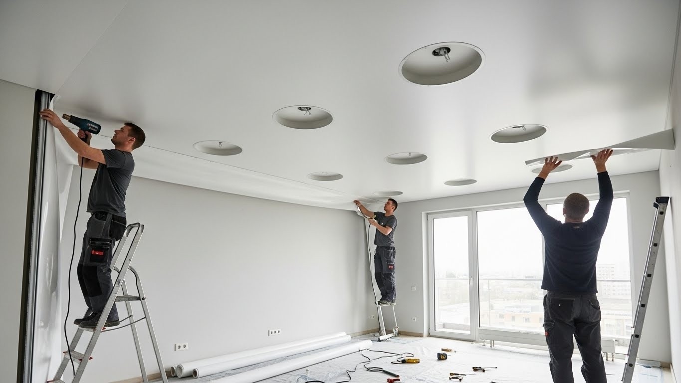 Монтаж натяжных потолков с встроенными светильниками для жилых помещений