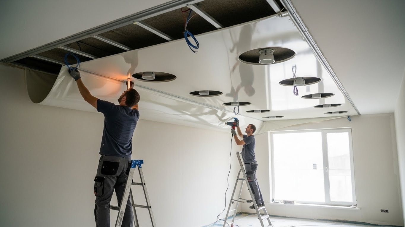 Натяжной потолок с встроенными светильниками в жилом помещении