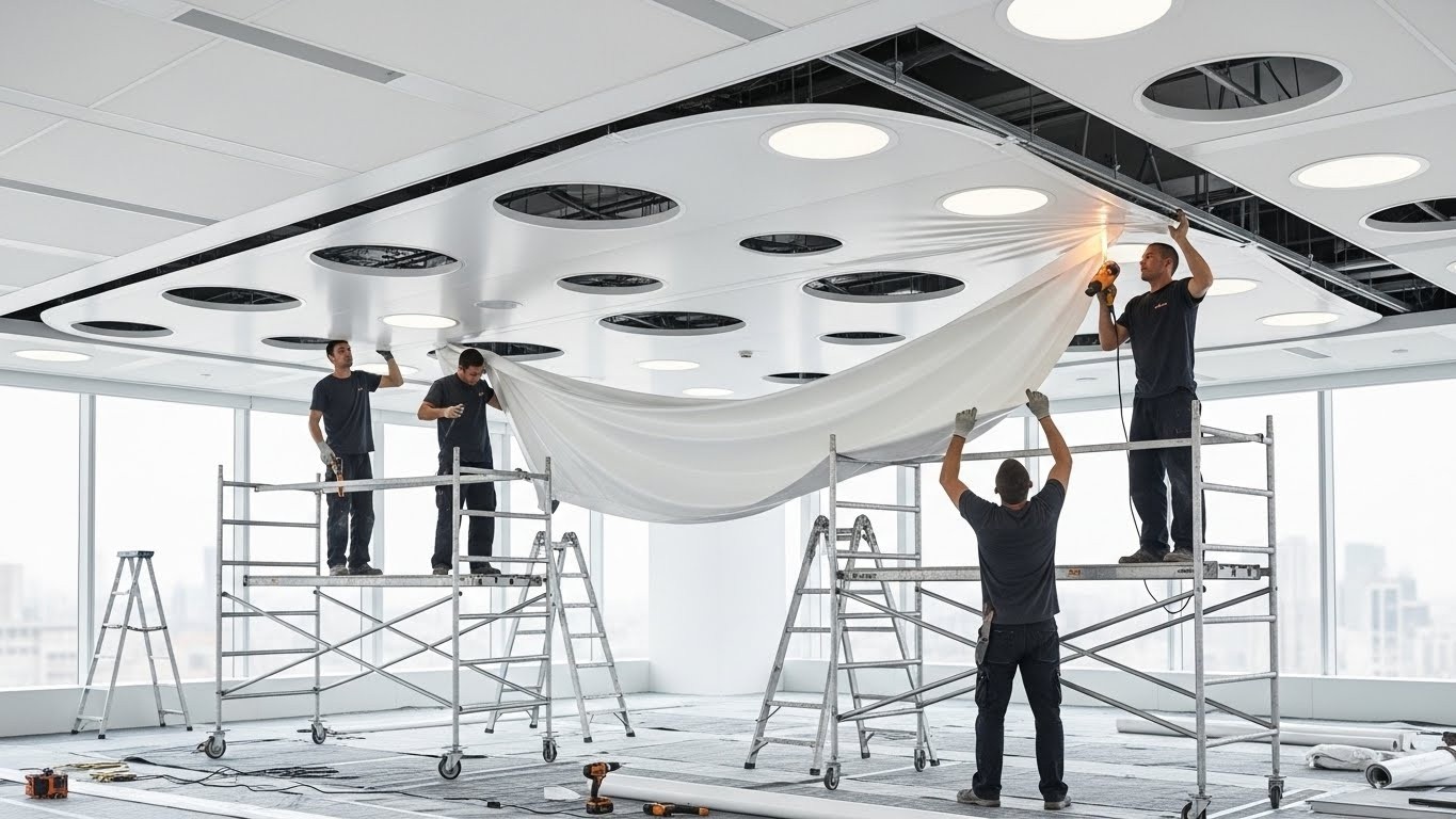 Монтаж натяжных потолков с встроенными светильниками для офисов