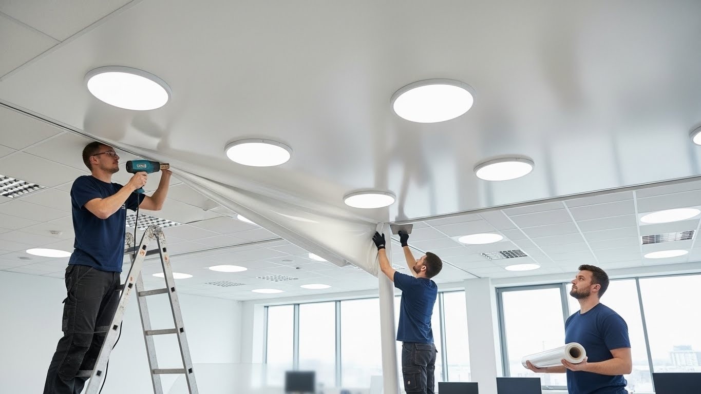 Натяжной потолок с встроенными светильниками в офисе