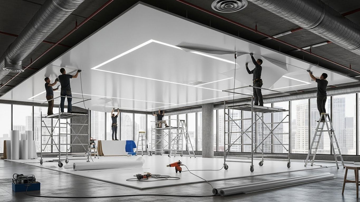 Монтаж натяжных потолков с встроенными светильниками для торговых помещений