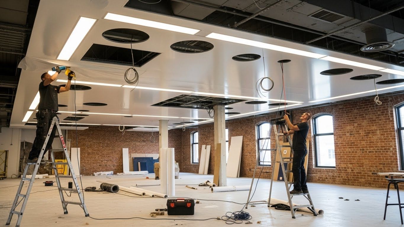 Монтаж натяжных потолков с встроенными светильниками и подсветкой