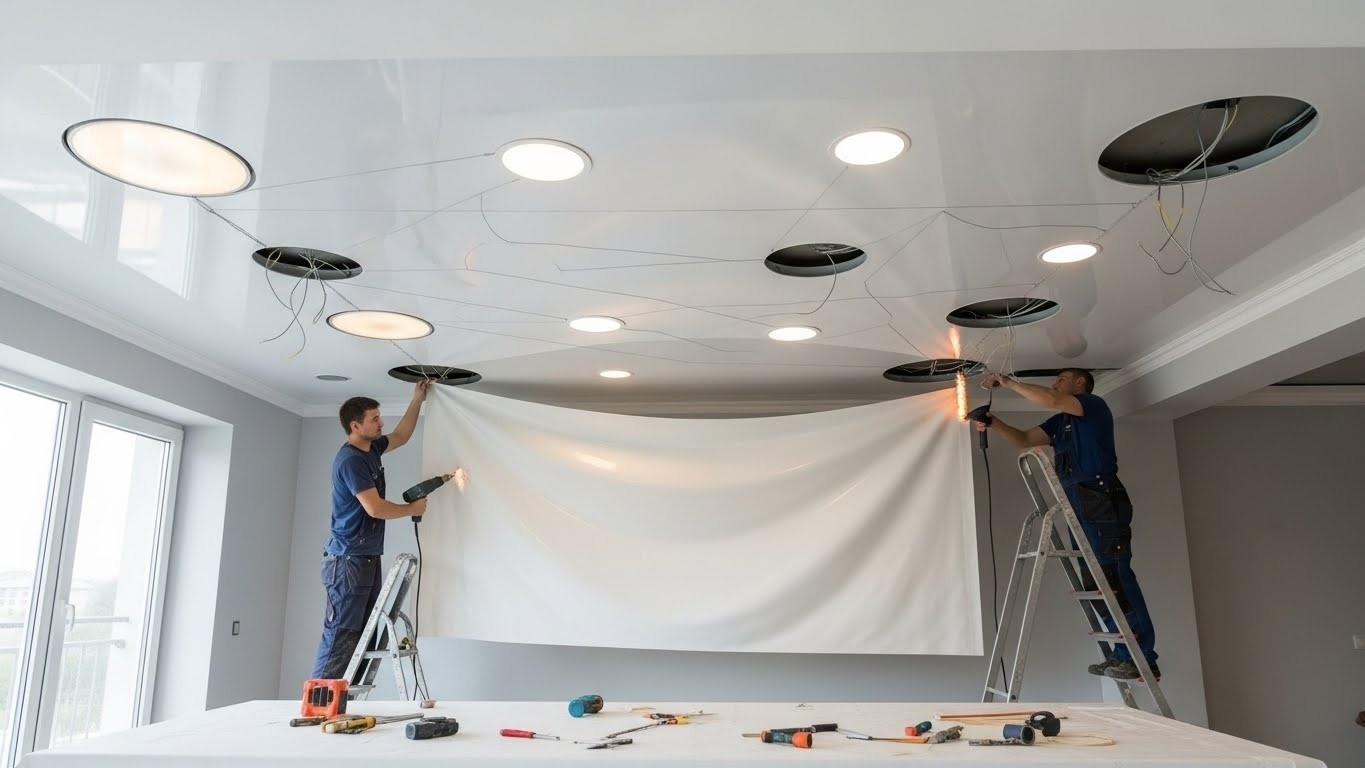Натяжной потолок с встроенными светильниками и подсветкой
