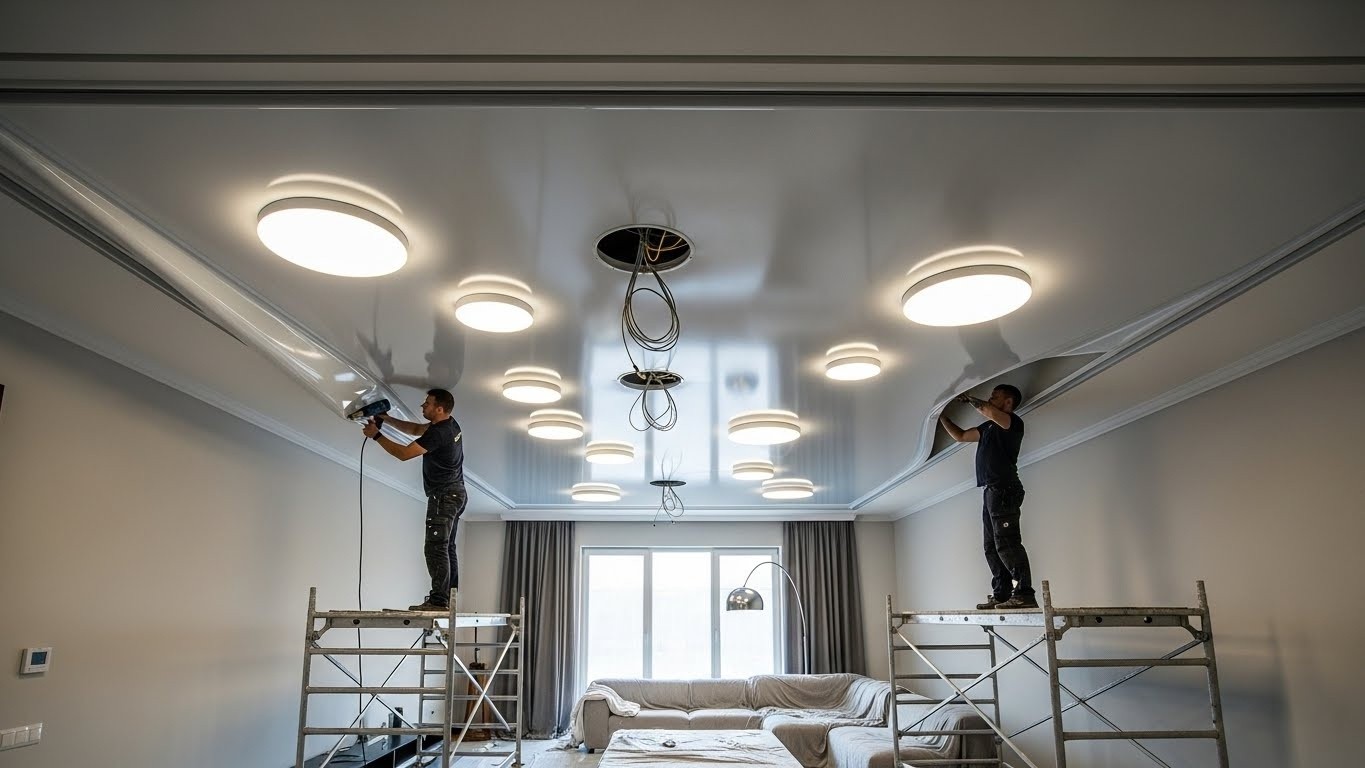 Монтаж натяжных потолков с встроенными светильниками с возможностью регулировки яркости