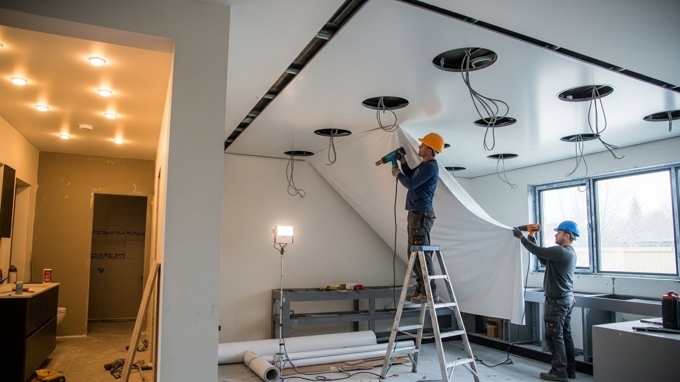 Натяжной потолок с встроенными светильниками для кухни и ванной