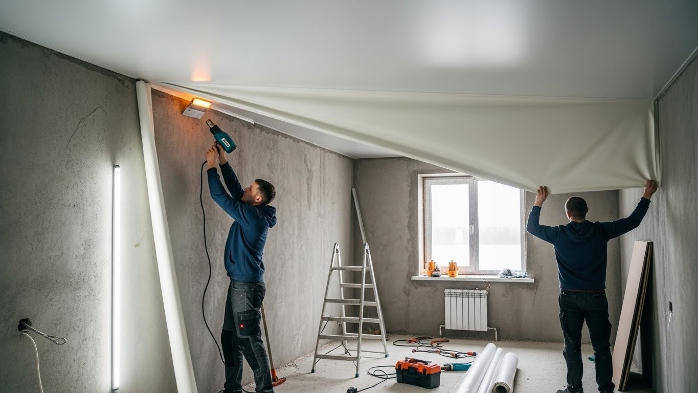 Монтаж натяжного потолка для жилого комплекса эконом-класса Натяжной потолок в квартире эконом-класса