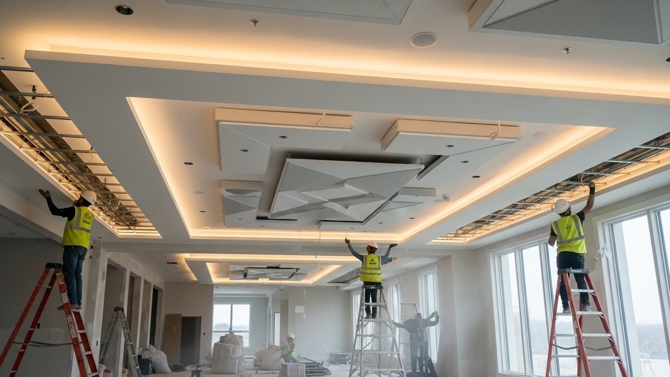 Монтаж дизайнерского натяжного потолка в жилом комплексе Дизайнерский натяжной потолок в жилой квартире