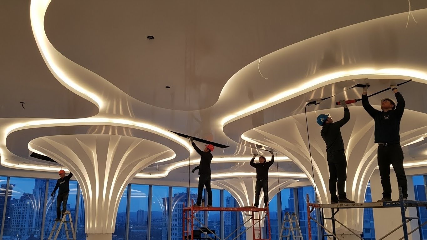 Монтаж натяжного потолка с уникальными формами Натяжной потолок с уникальными формами в жилой квартире