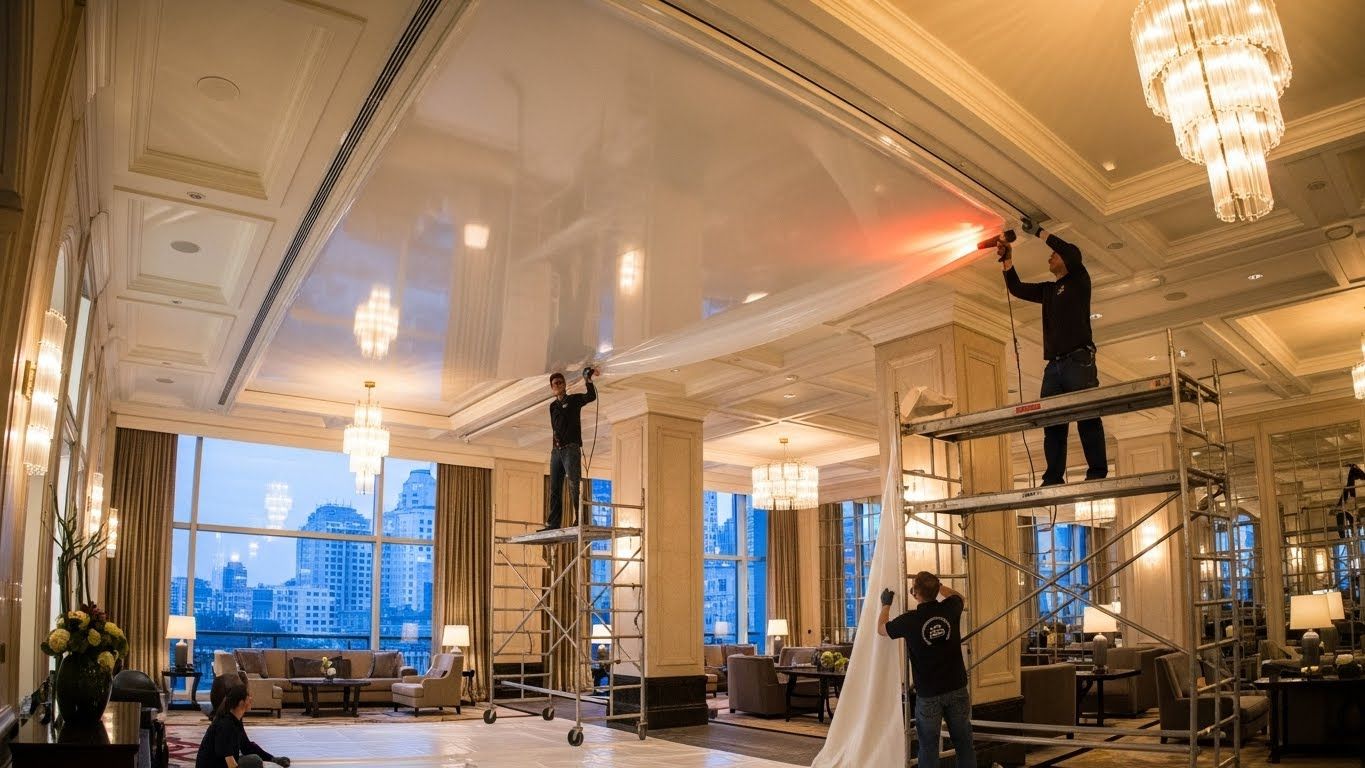 Монтаж натяжного потолка для гостиницы с подсветкой Натяжной потолок в отеле с интегрированным освещением