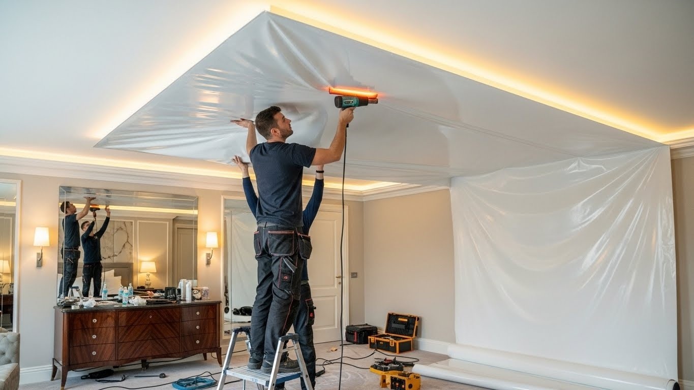 Натяжной потолок в гостиничном номере с встроенной подсветкой