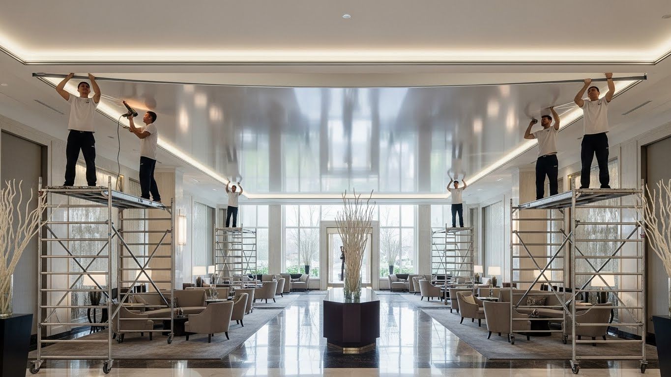 Монтаж натяжных потолков для лобби и холлов гостиниц