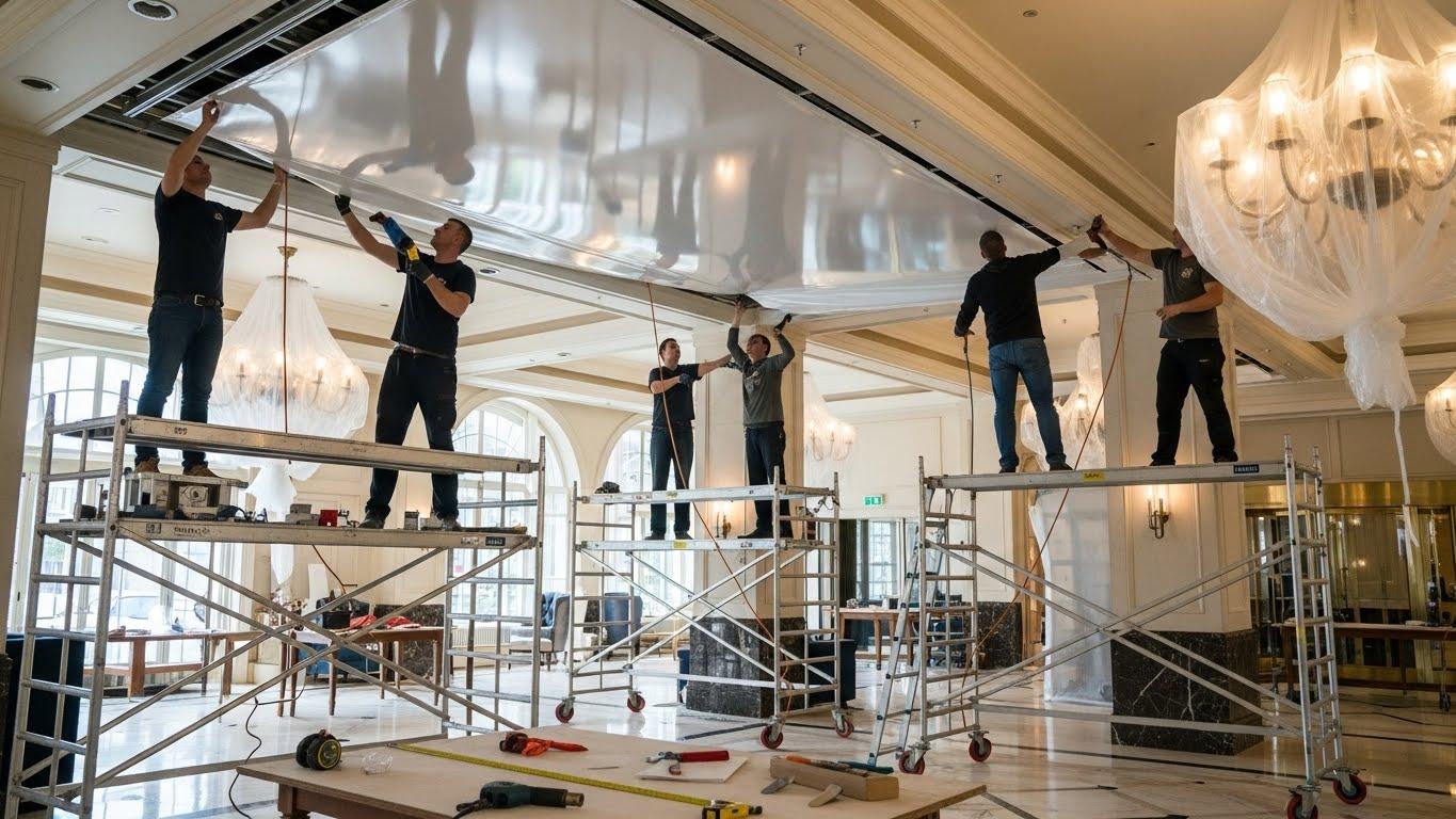 Натяжной потолок в холле гостиницы с LED-подсветкой