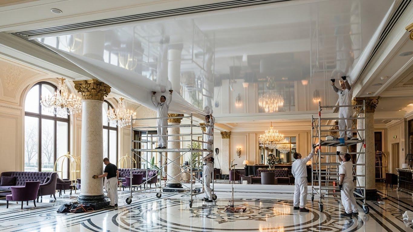 Монтаж натяжных потолков для гостиничных комплексов премиум класса