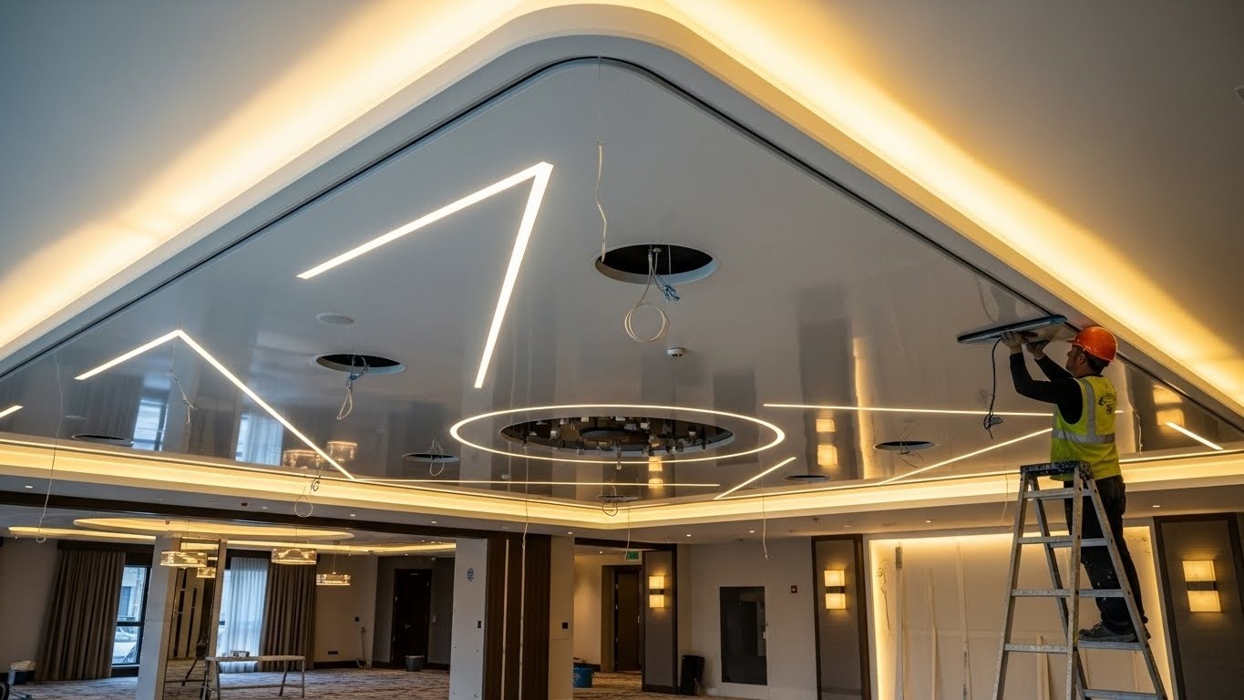 Монтаж натяжных потолков для гостиничных объектов с декоративными элементами