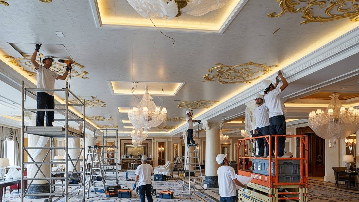 Натяжной потолок с декоративными элементами в гостинице