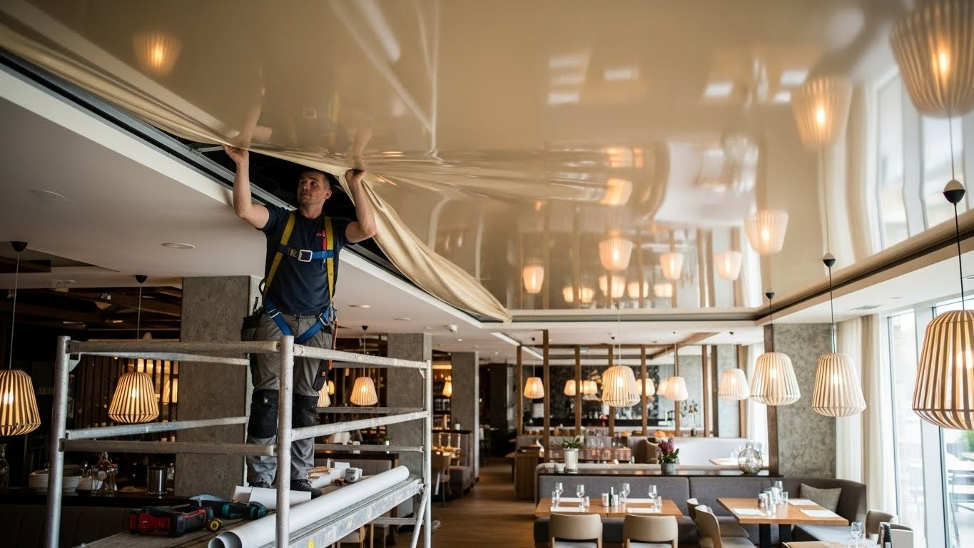 Натяжной потолок с декоративными элементами в ресторане гостиницы