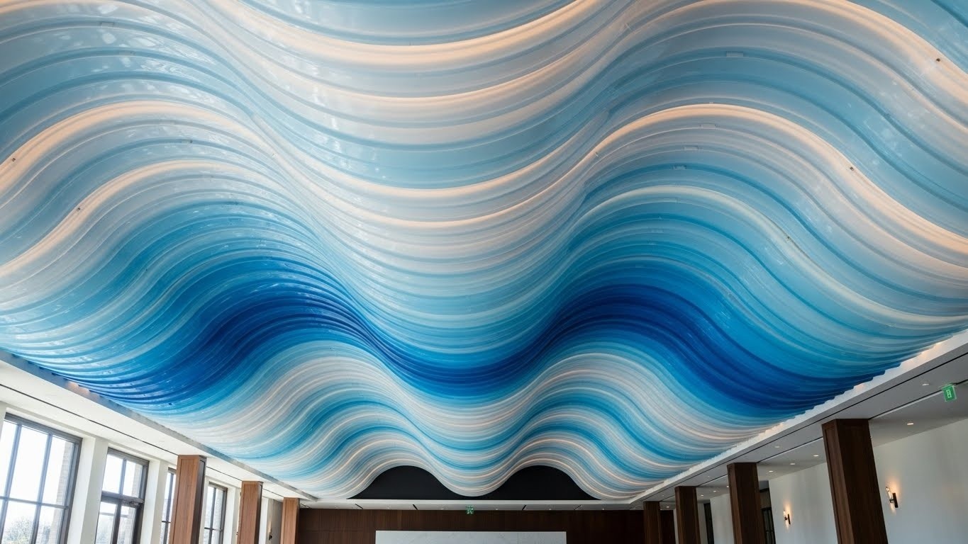 Волнообразный натяжной потолок в интерьере