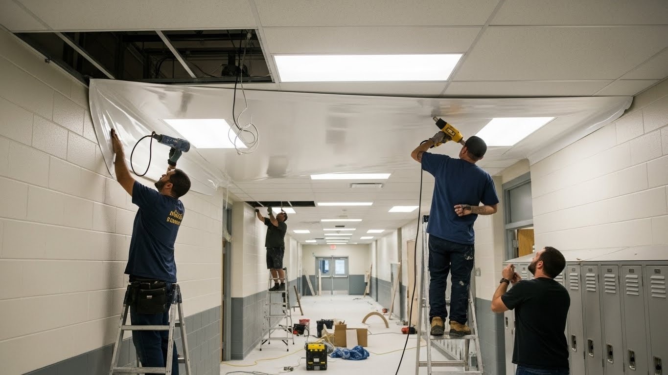 Монтаж натяжных потолков для школьных коридоров