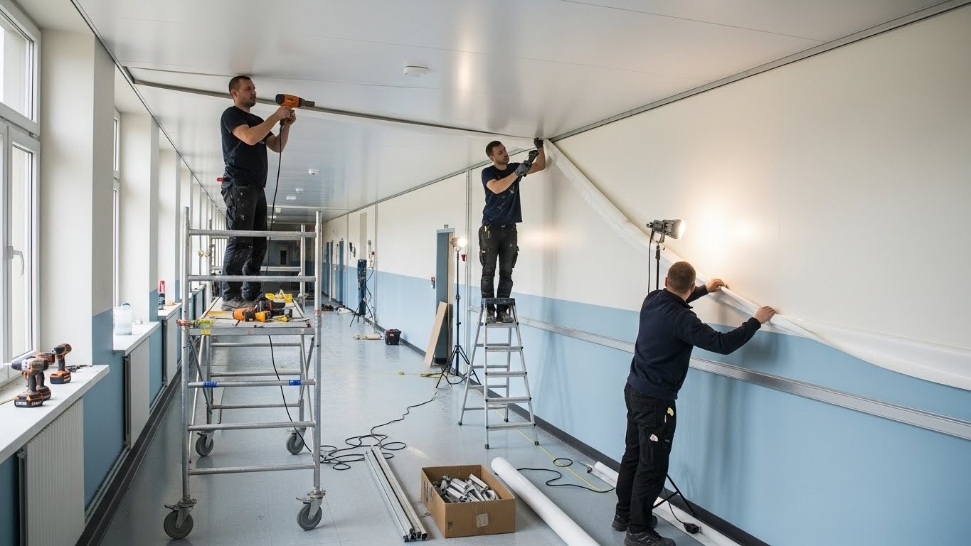 Натяжной потолок в школьном коридоре