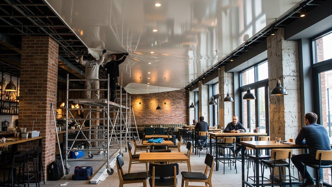 Монтаж натяжных потолков для кафе с высокой проходимостью