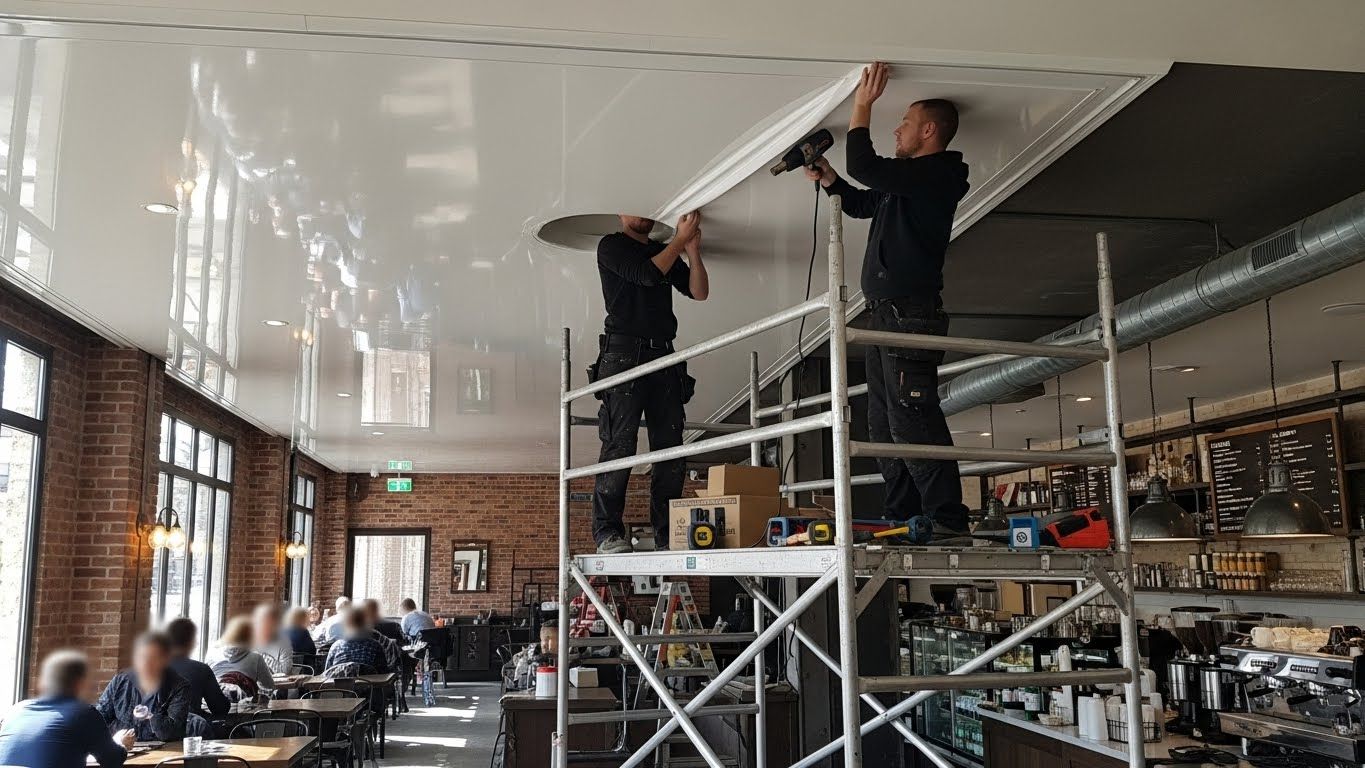 Натяжной потолок в кафе с высокой проходимостью