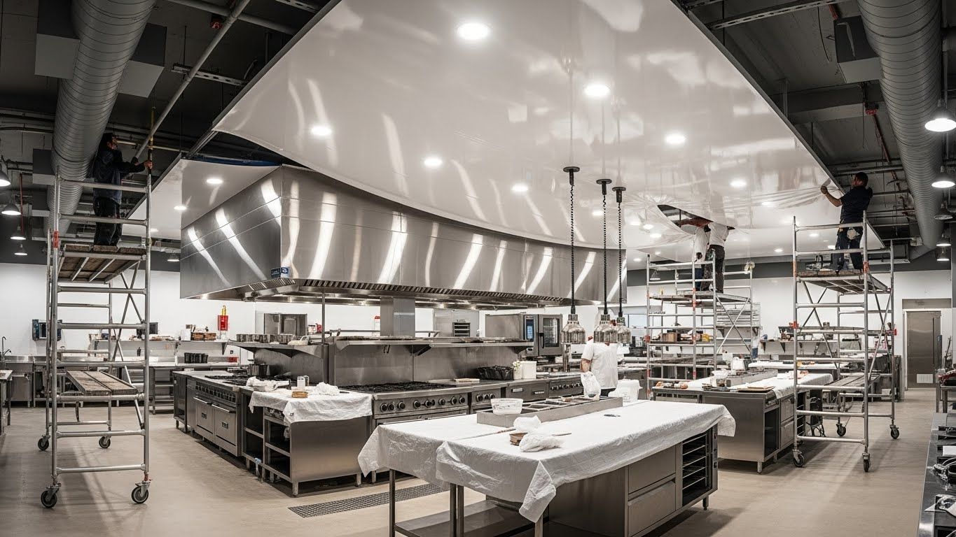 Натяжной потолок на кухне ресторана