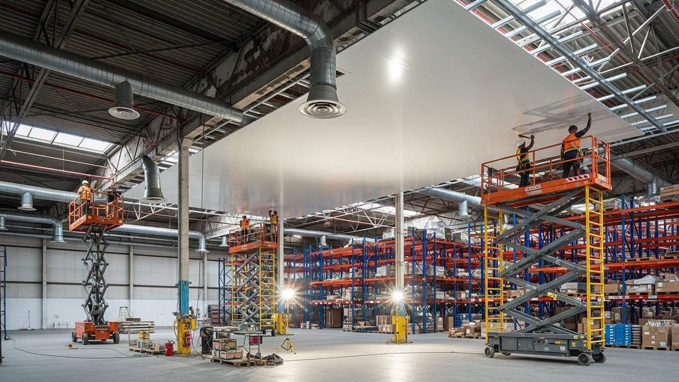 Монтаж натяжного потолка для складов Натяжной потолок для складского помещения