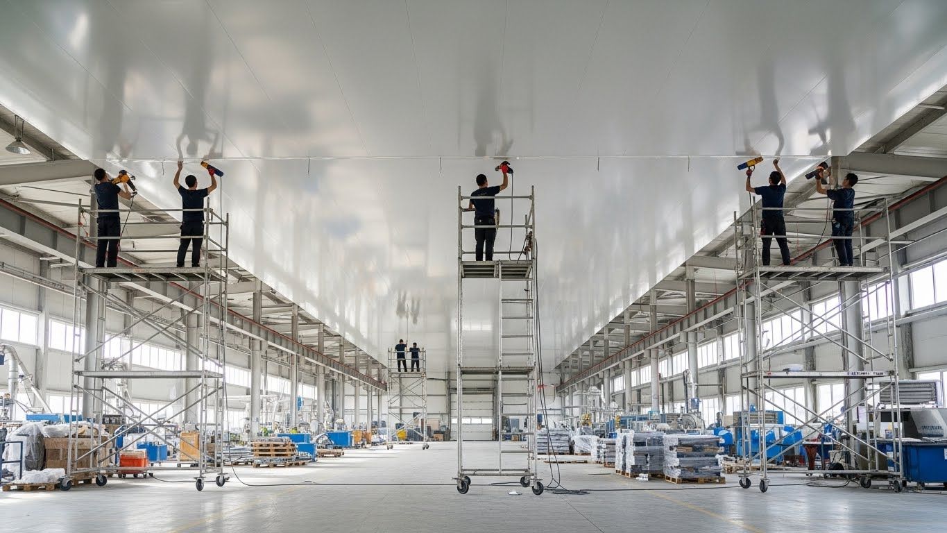 Монтаж натяжных потолков для заводских помещений