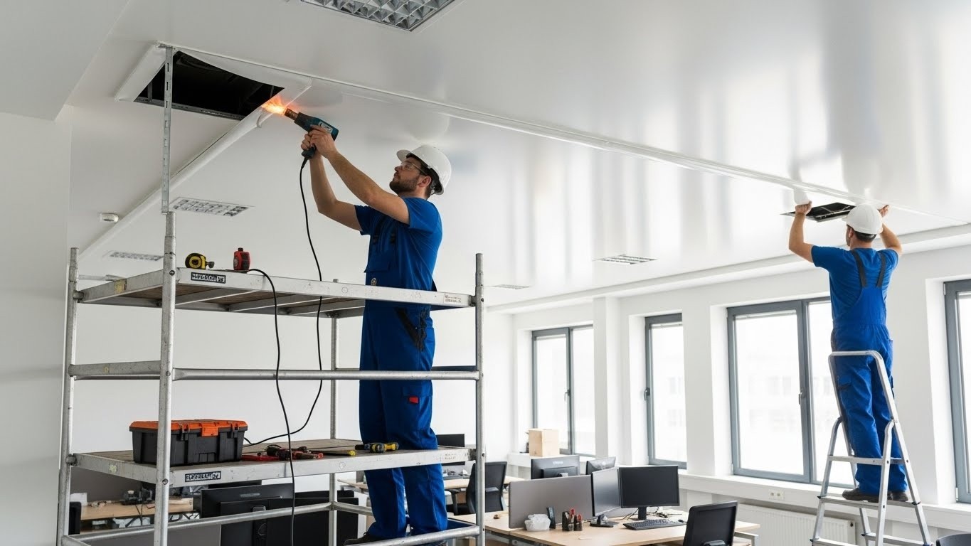 Монтаж натяжных потолков для офисных помещений на предприятиях