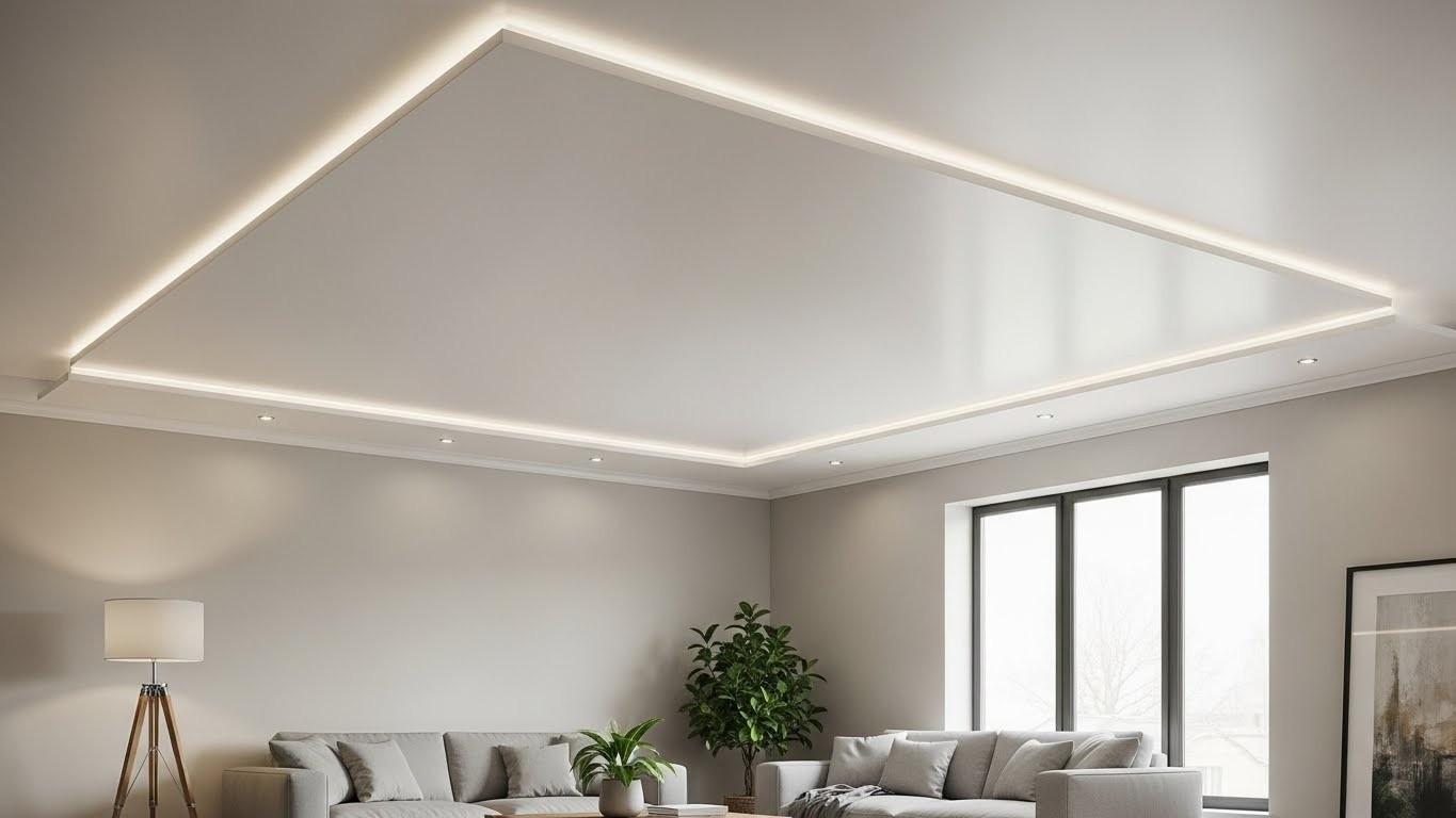 Простой натяжной потолок с ровной поверхностью Простой натяжной потолок в современном интерьере