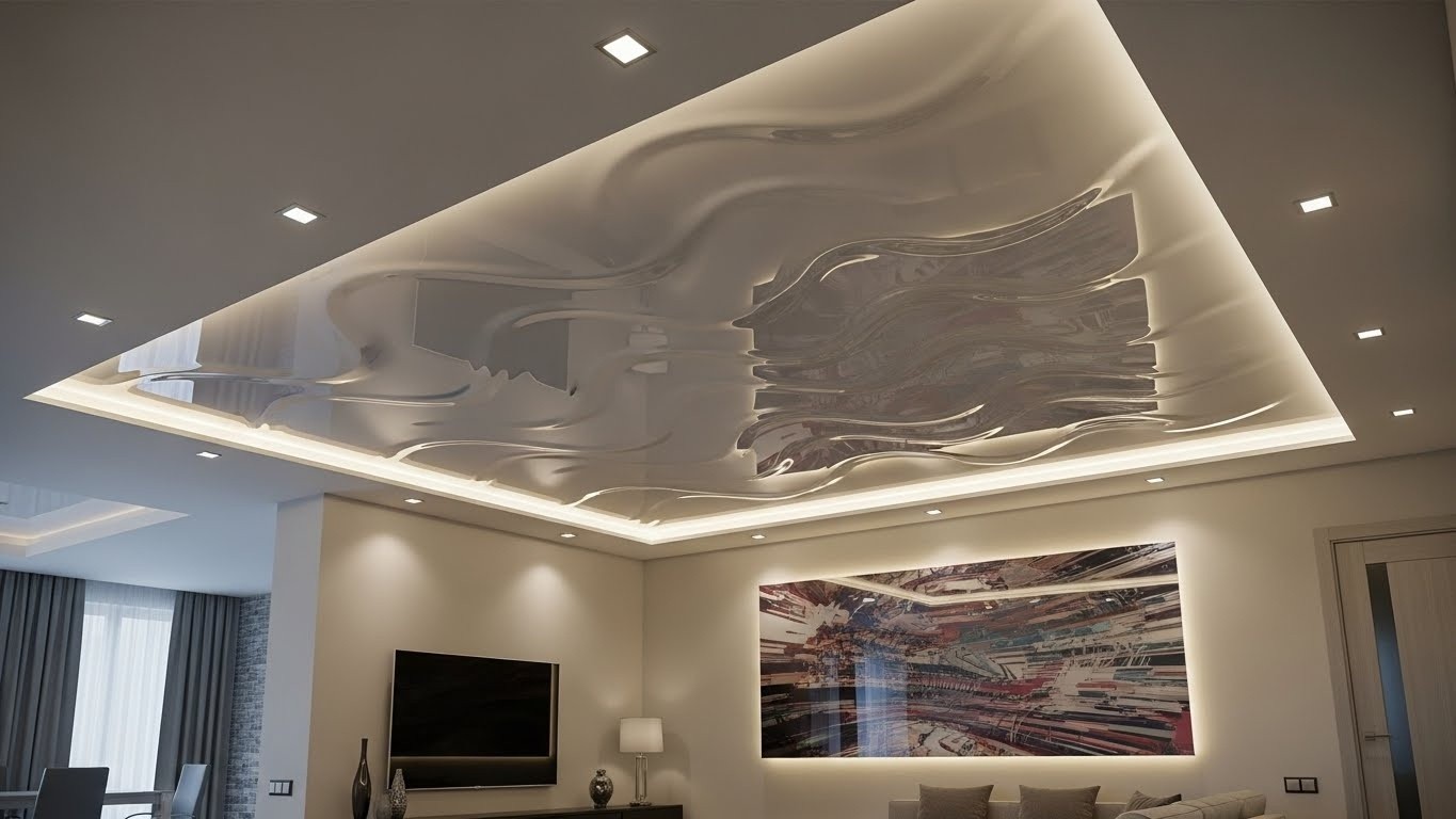 Натяжной потолок средней сложности в современном интерьере