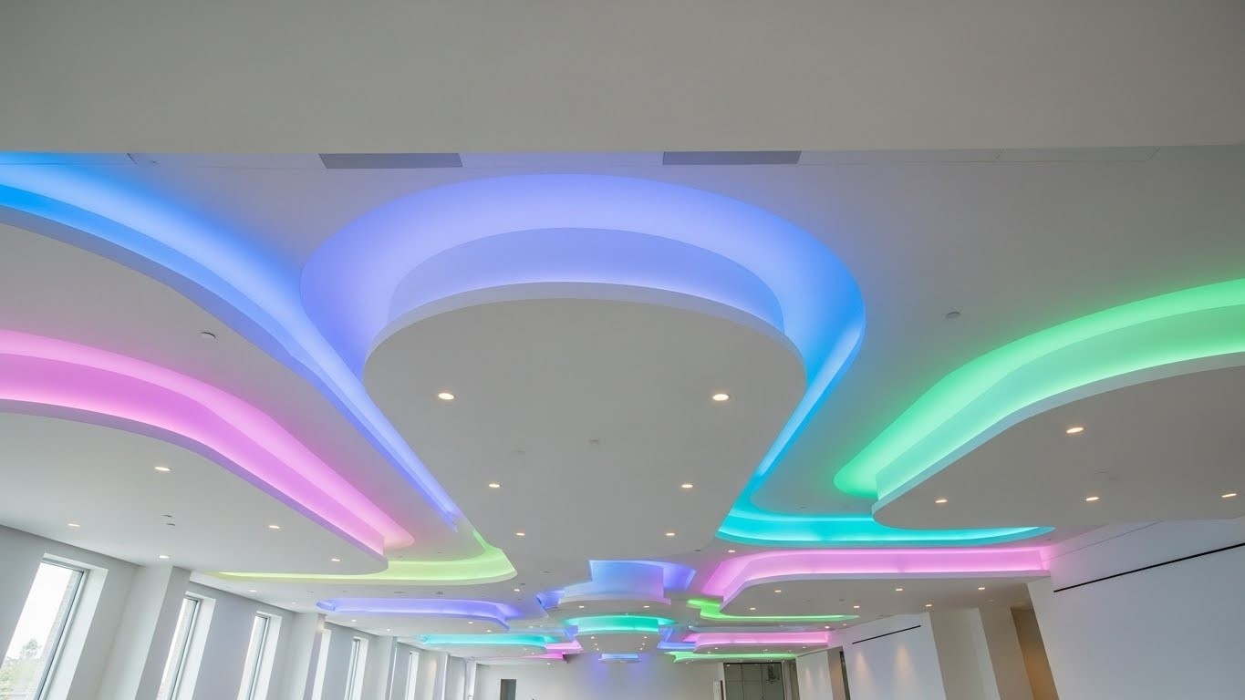 Сложный натяжной потолок с многоуровневой конструкцией