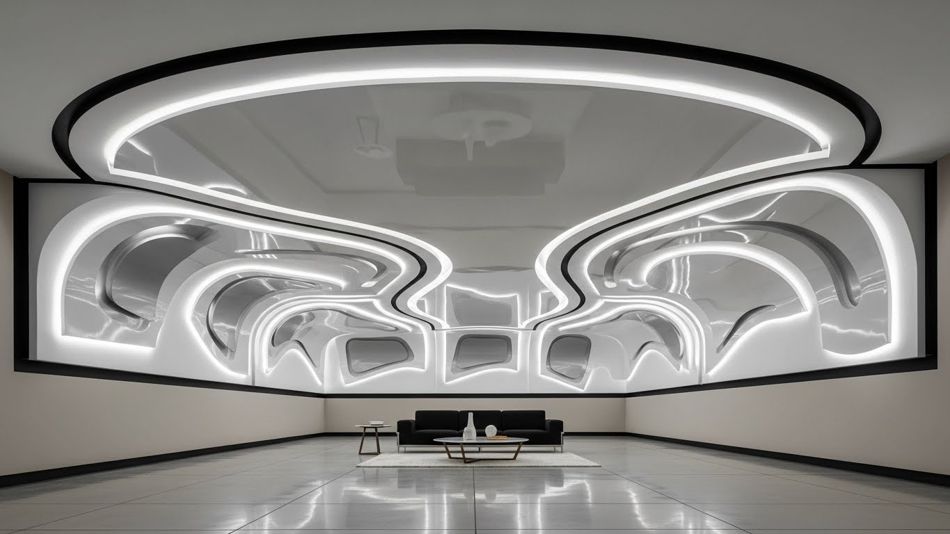 Криволинейный натяжной потолок с подсветкой