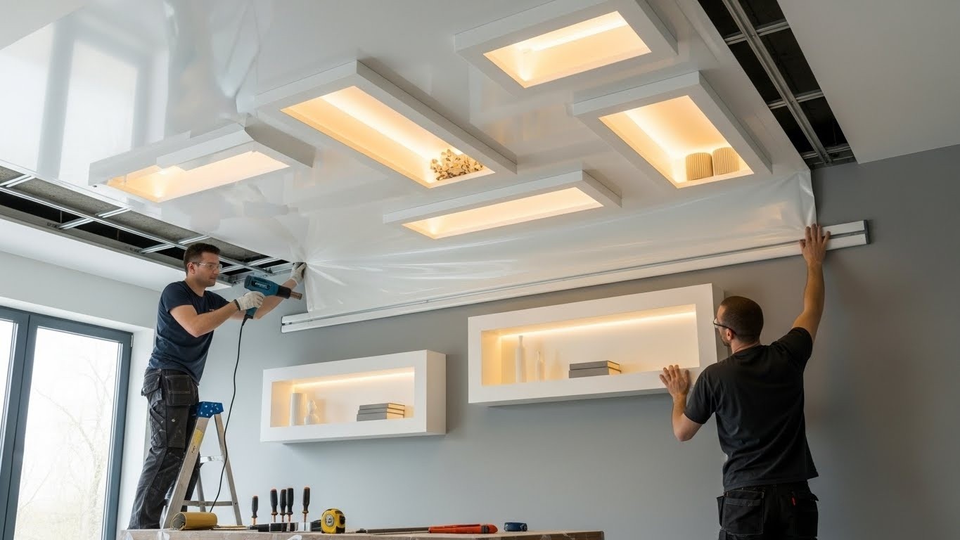 Монтаж натяжных потолков с функциональными нишами