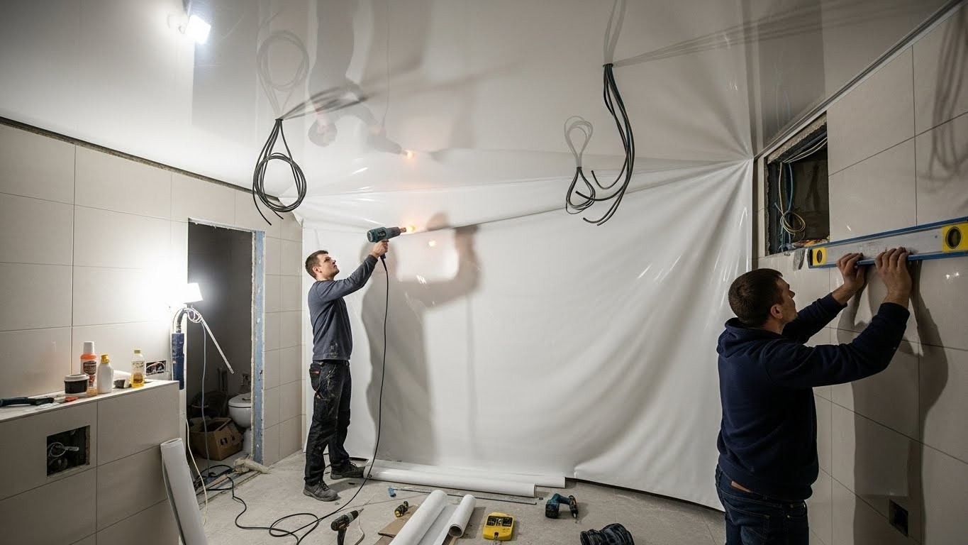 Монтаж натяжных потолков с отделкой для ванной комнаты