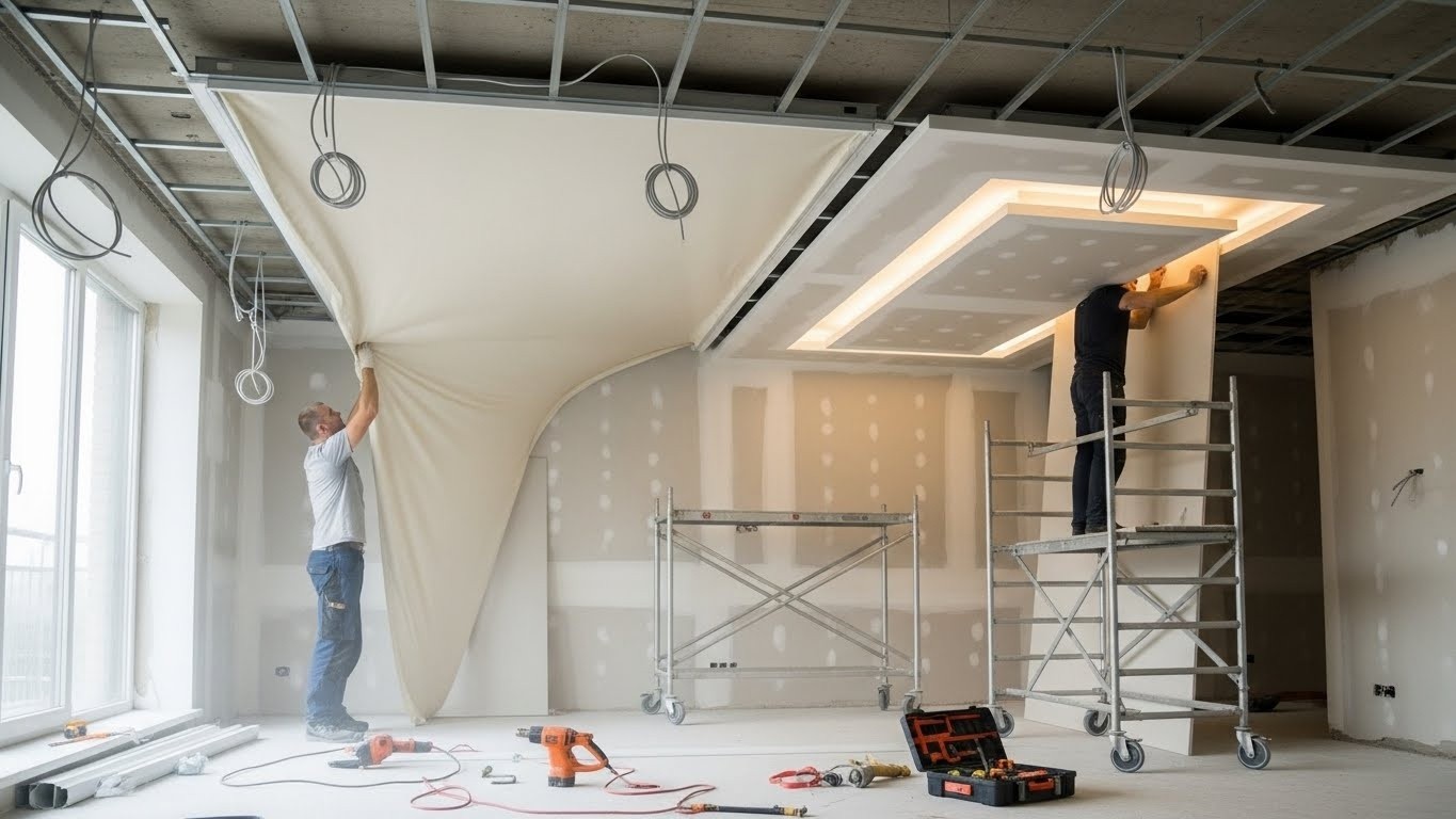 Монтаж натяжных потолков с гипсокартонными элементами