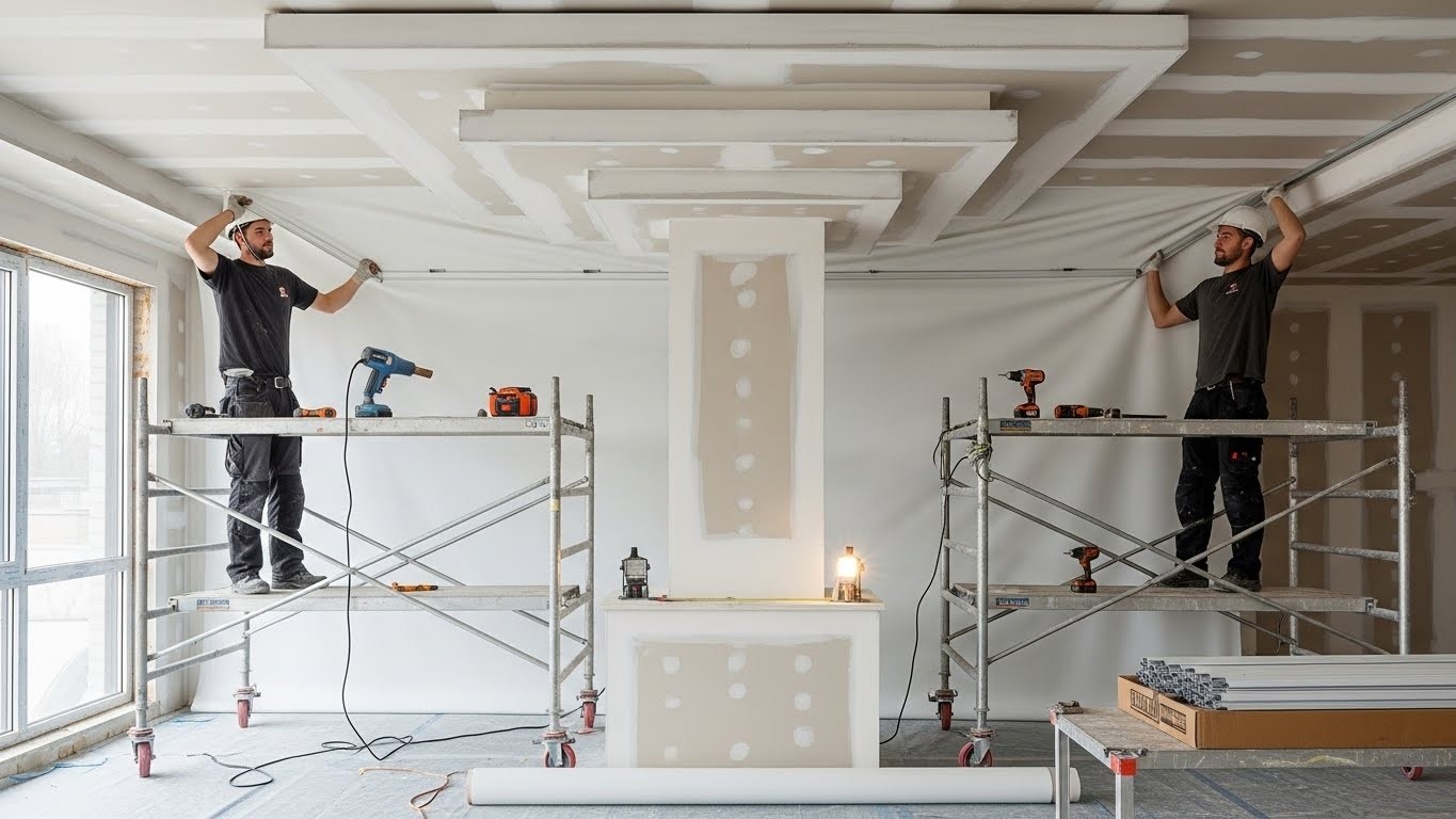 Монтаж натяжного потолка с гипсокартонными элементами Натяжной потолок с гипсокартонными элементами