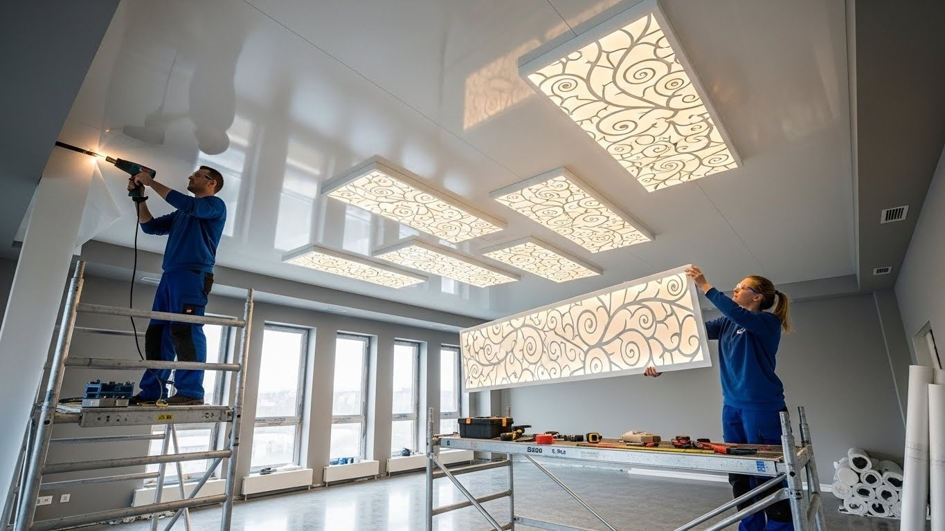 Монтаж натяжных потолков с декоративными панелями