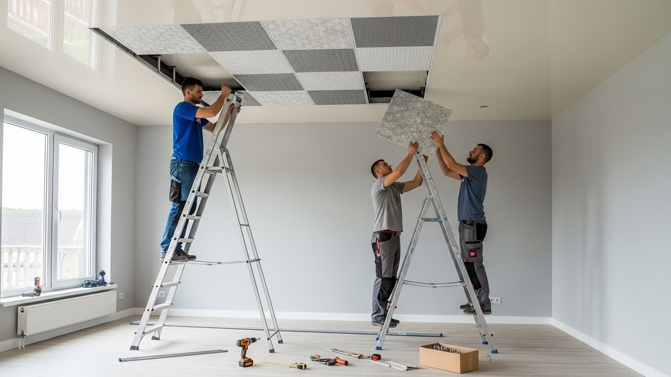 Натяжной потолок с декоративными панелями