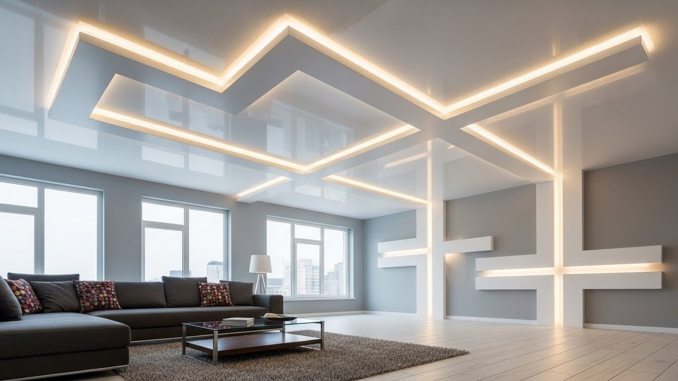 Элегантный натяжной потолок с подсветкой в нишах Натяжной потолок с нишами под освещение