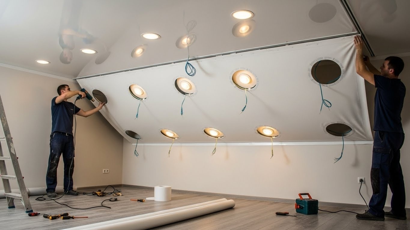 Монтаж натяжных потолков с встроенными светильниками