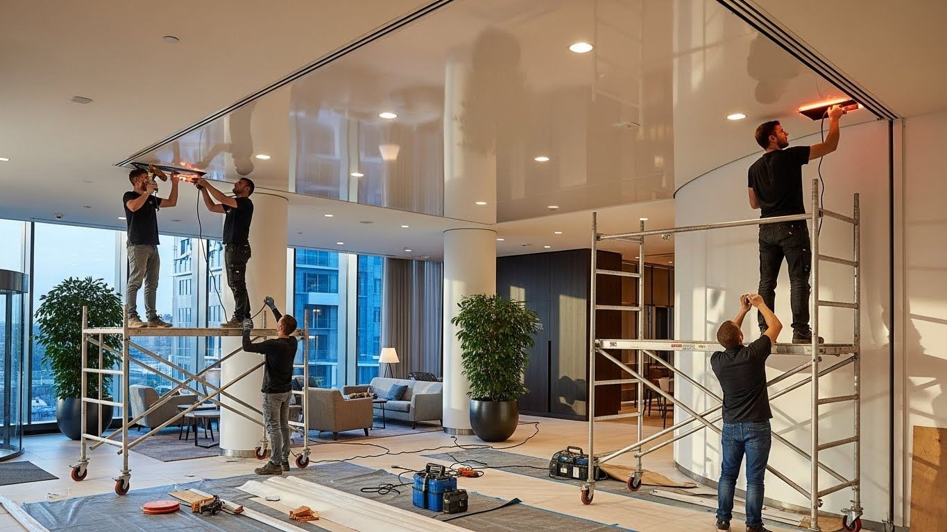 Натяжной потолок в гостиничном номере Монтаж натяжного потолка в гостиничном номере